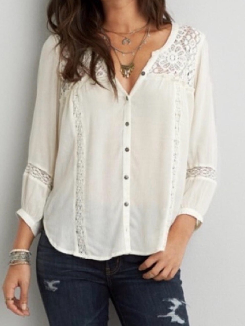 American Eagle Outfitters Cream Lace-Trim Button Front Blouse